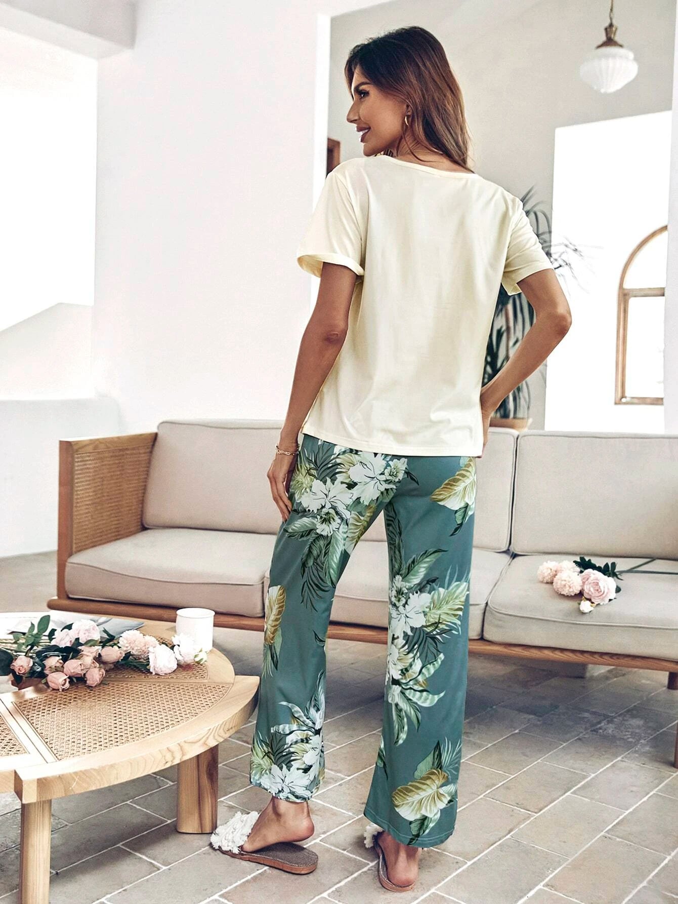 Floral Print Tie Waist PJ Set