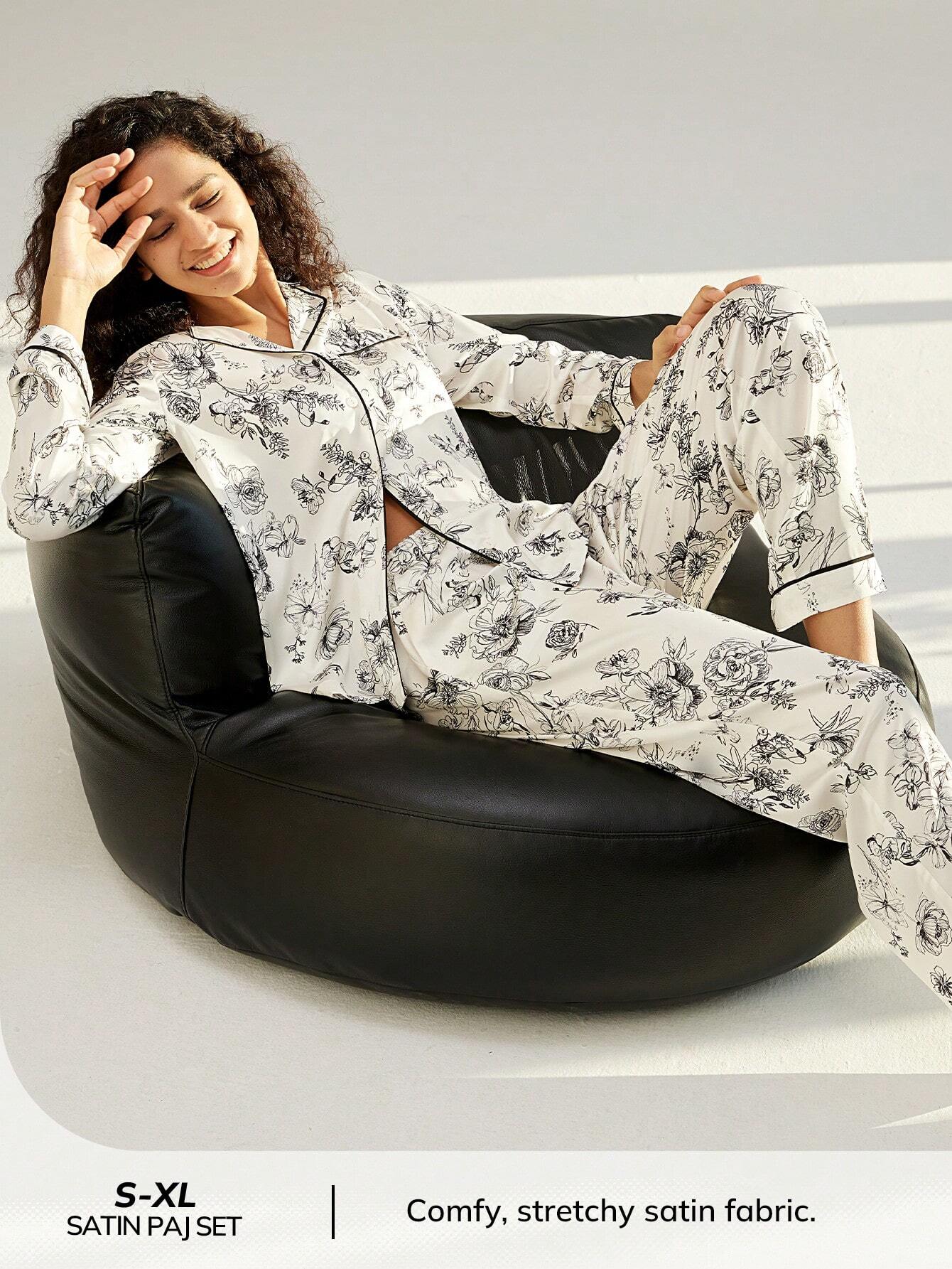 LUVLETTE Floral Pattern Satin Long Pajama Sets