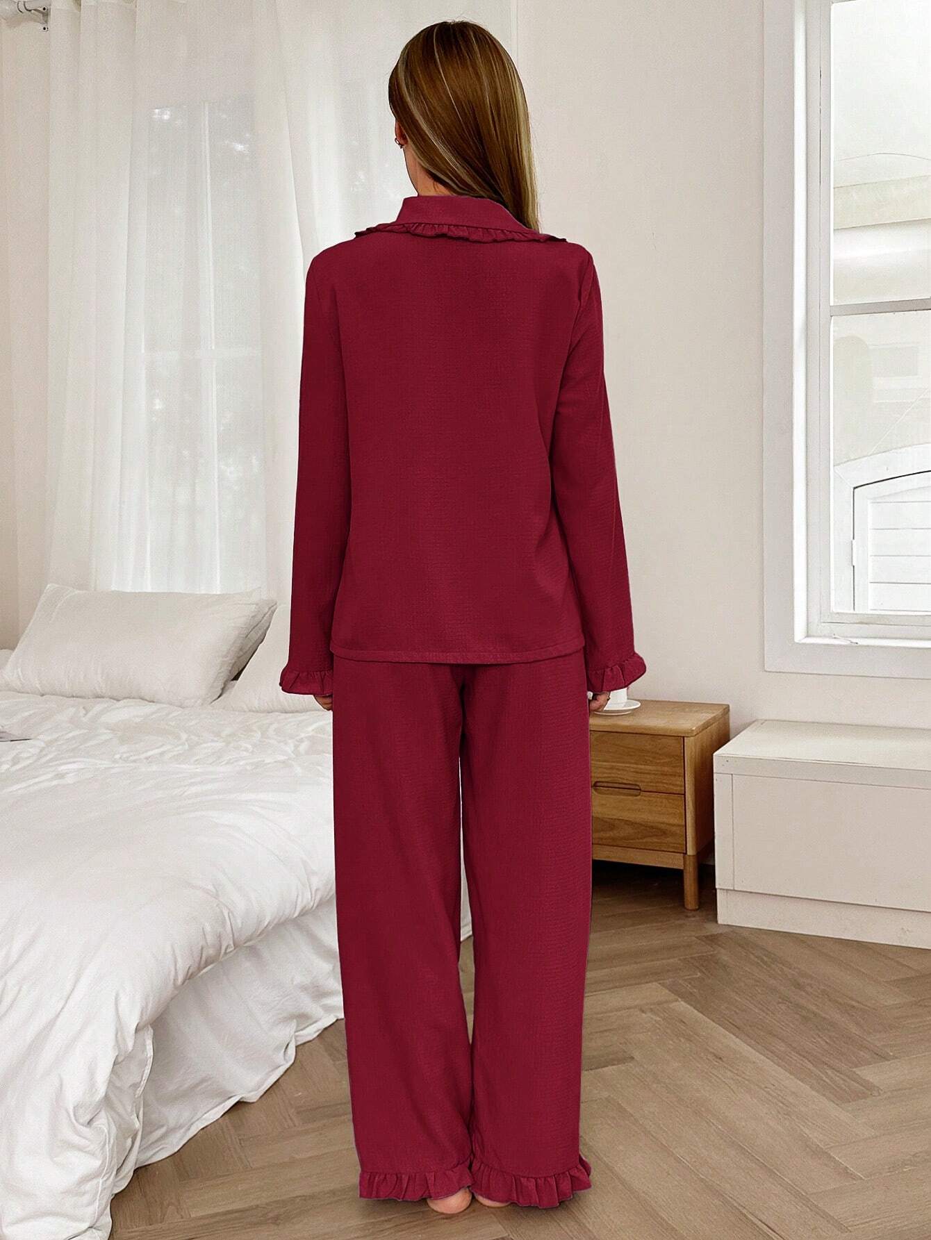 Dream Adore Solid Color Mandarin Collar Open Front Pocket Long Sleeve Pajama Set