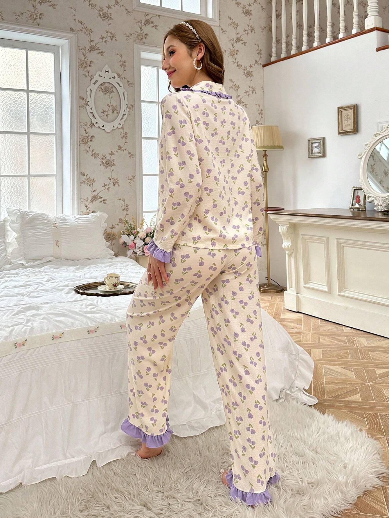 CottageSlumber Allover Floral Print Contrast Ruffle Trim Flounce Sleeve PJ Set / Pajama Set