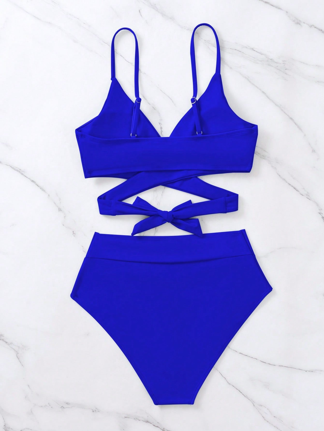 SHEIN Swim Basics Solid Bikini Set Crisscross Tie Back Bra &amp; Overlap High Waisted Bottom 2 Piece Bathing Suit