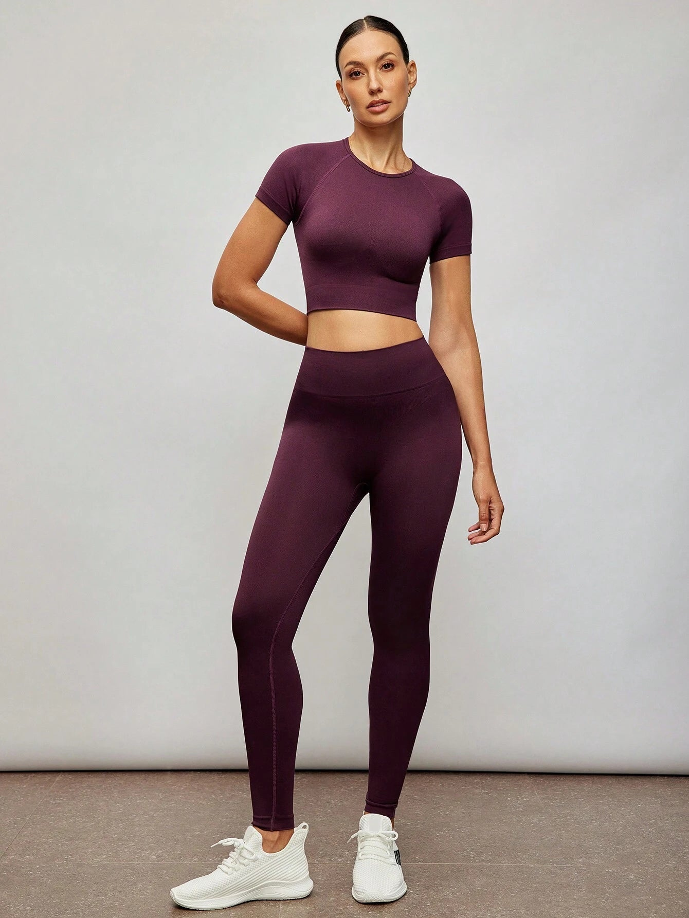 Solid Color Crew Neck Short Sleeve Top And Stretchy Seamless Long Pants Maroon