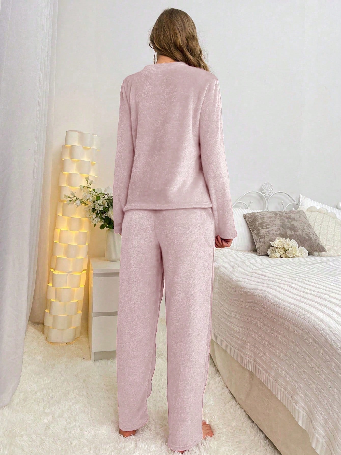 Bear & Letter Embroidery Flannel PJ Set