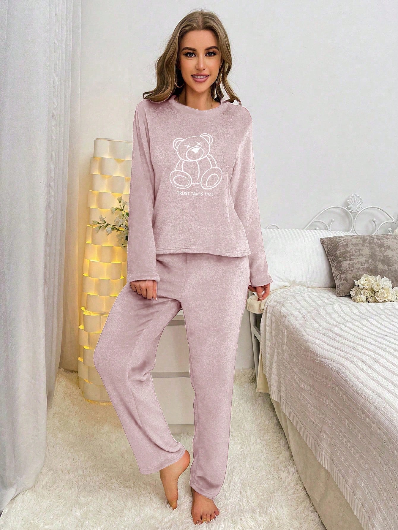 Bear & Letter Embroidery Flannel PJ Set