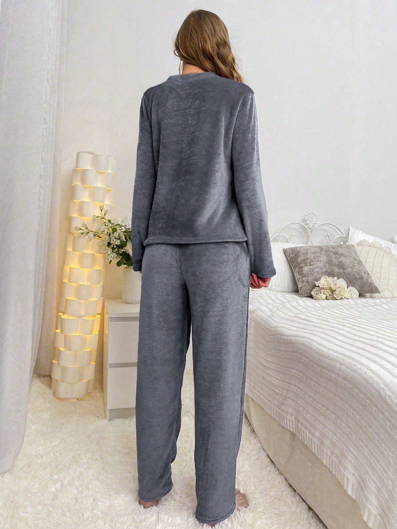 Bear Embroidered Flannel Long Sleeve Top & Long Pants Pajama Set