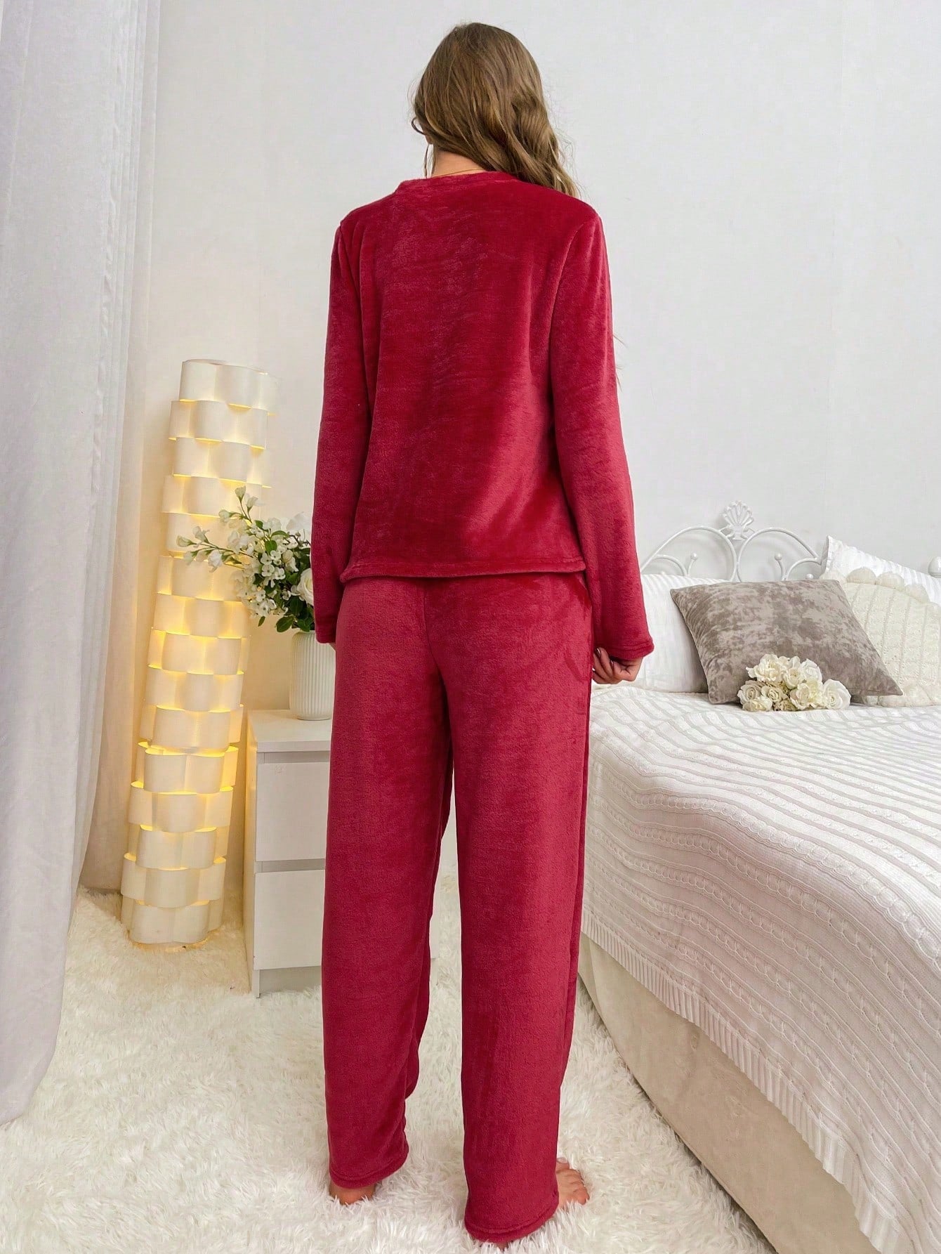 Bear & Letter Embroidery Flannel PJ Set