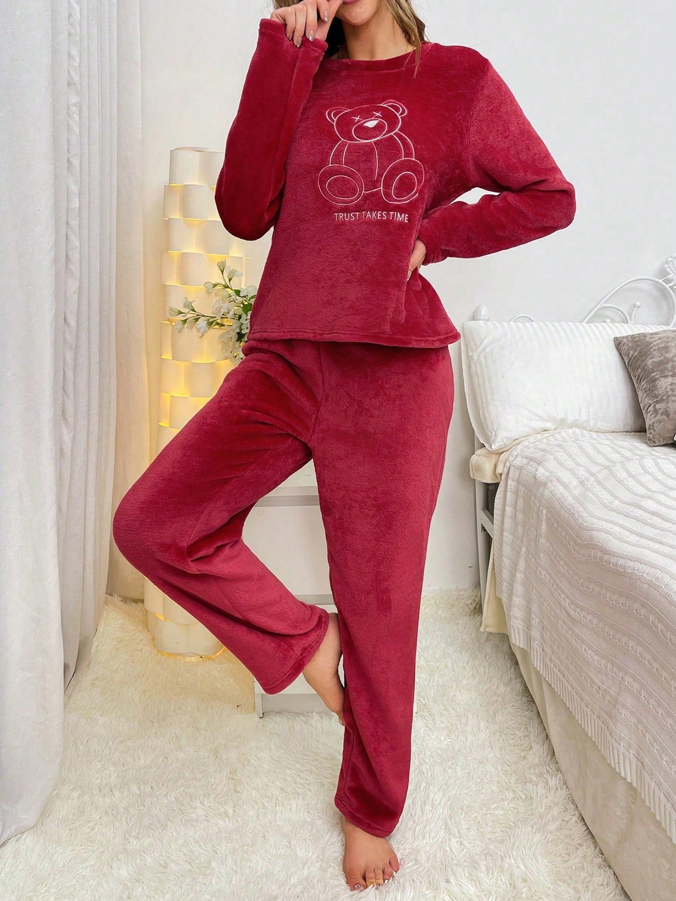 Bear & Letter Embroidery Flannel PJ Set
