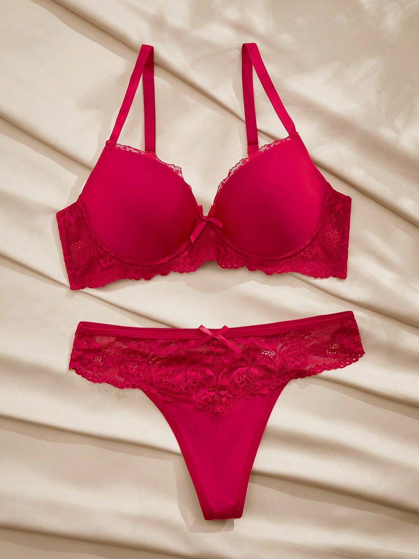 Women's Underwire Lace Trim Bow Decor Bra And Panty Set