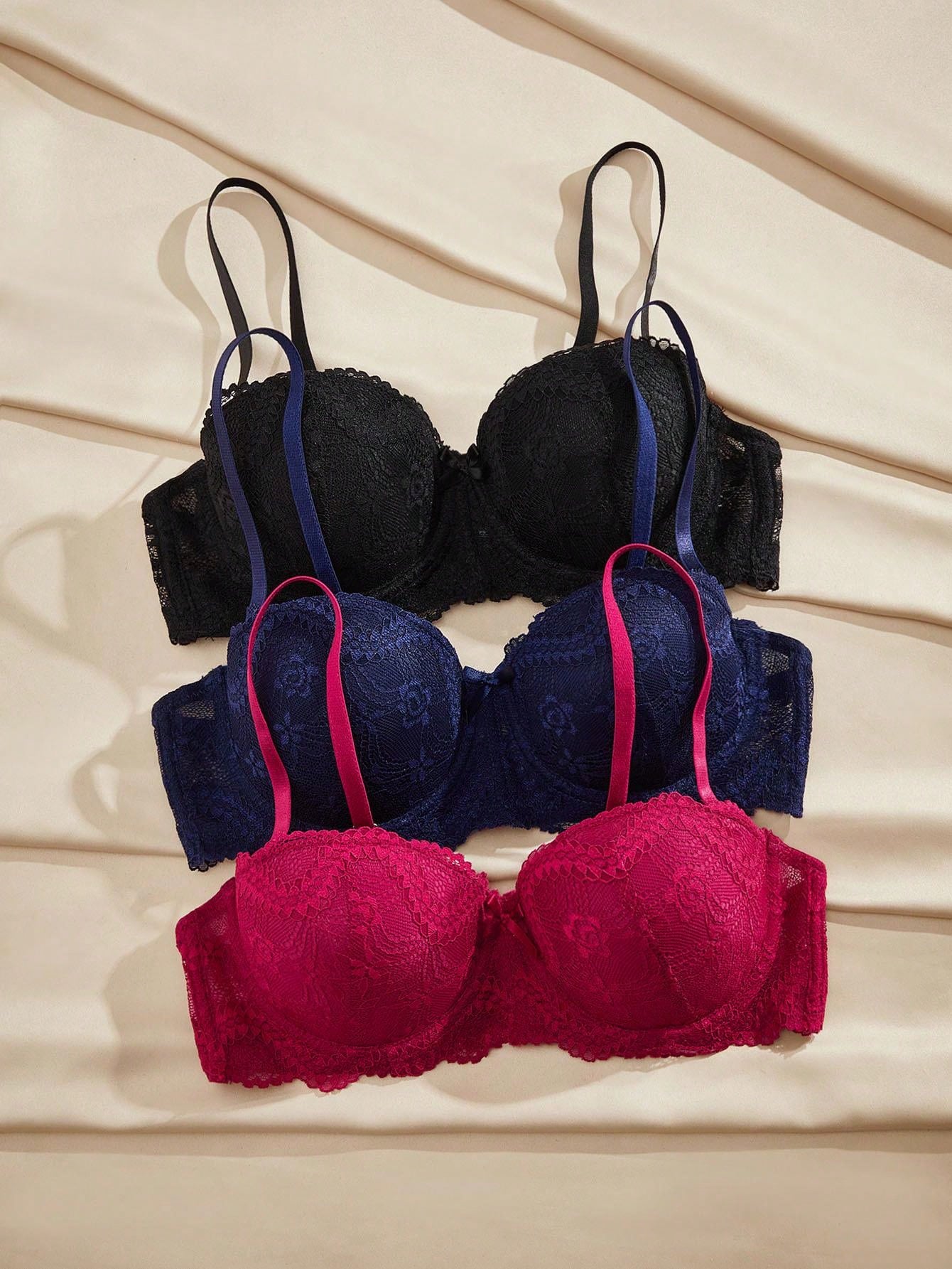 Women Lace Trim Wire-Free Push Up Bra With Non-Removable Pads Multicolor 5
