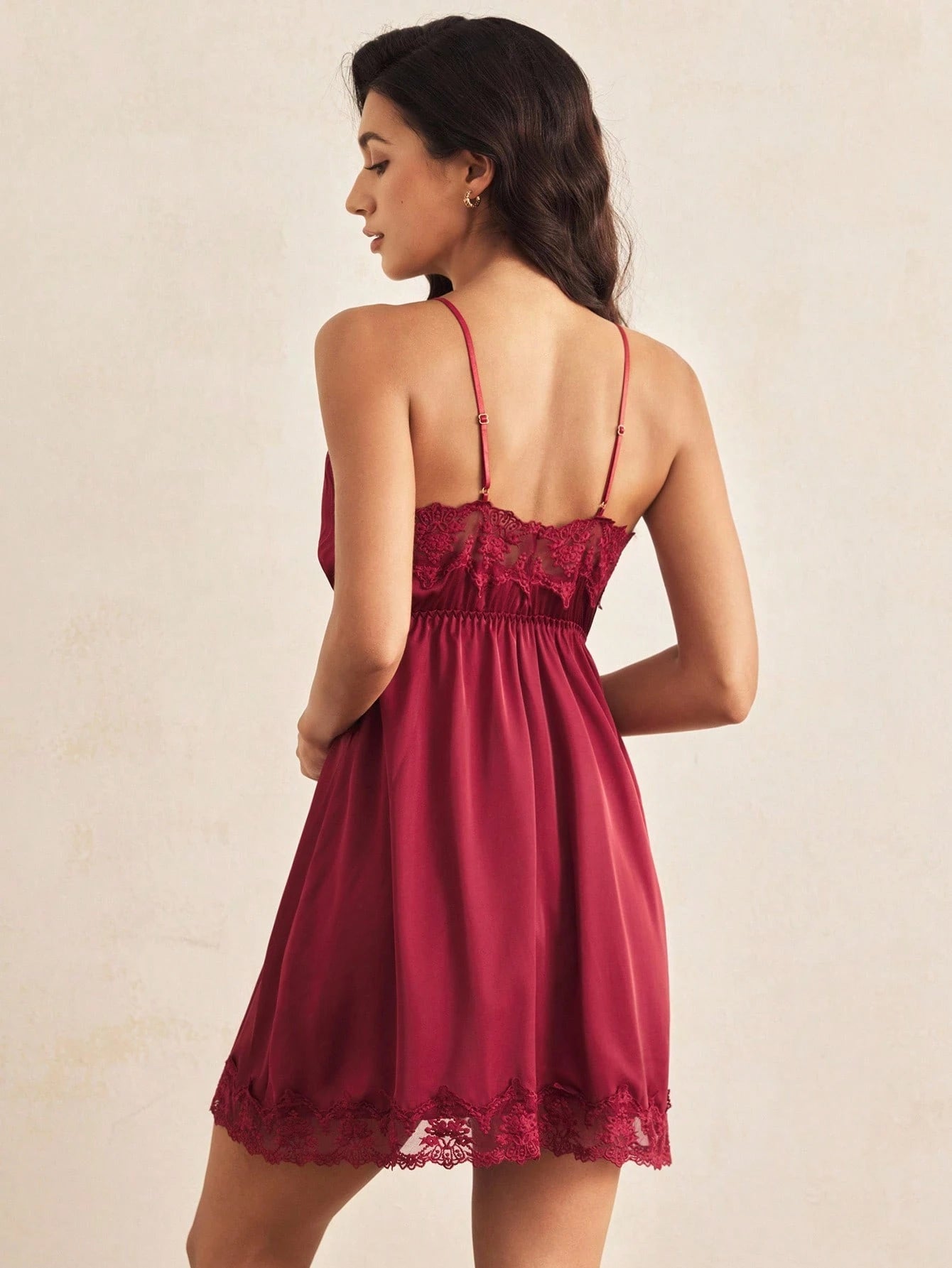 Embroidery Trim Satin Slip Pajama Night Dress Bridallingerie