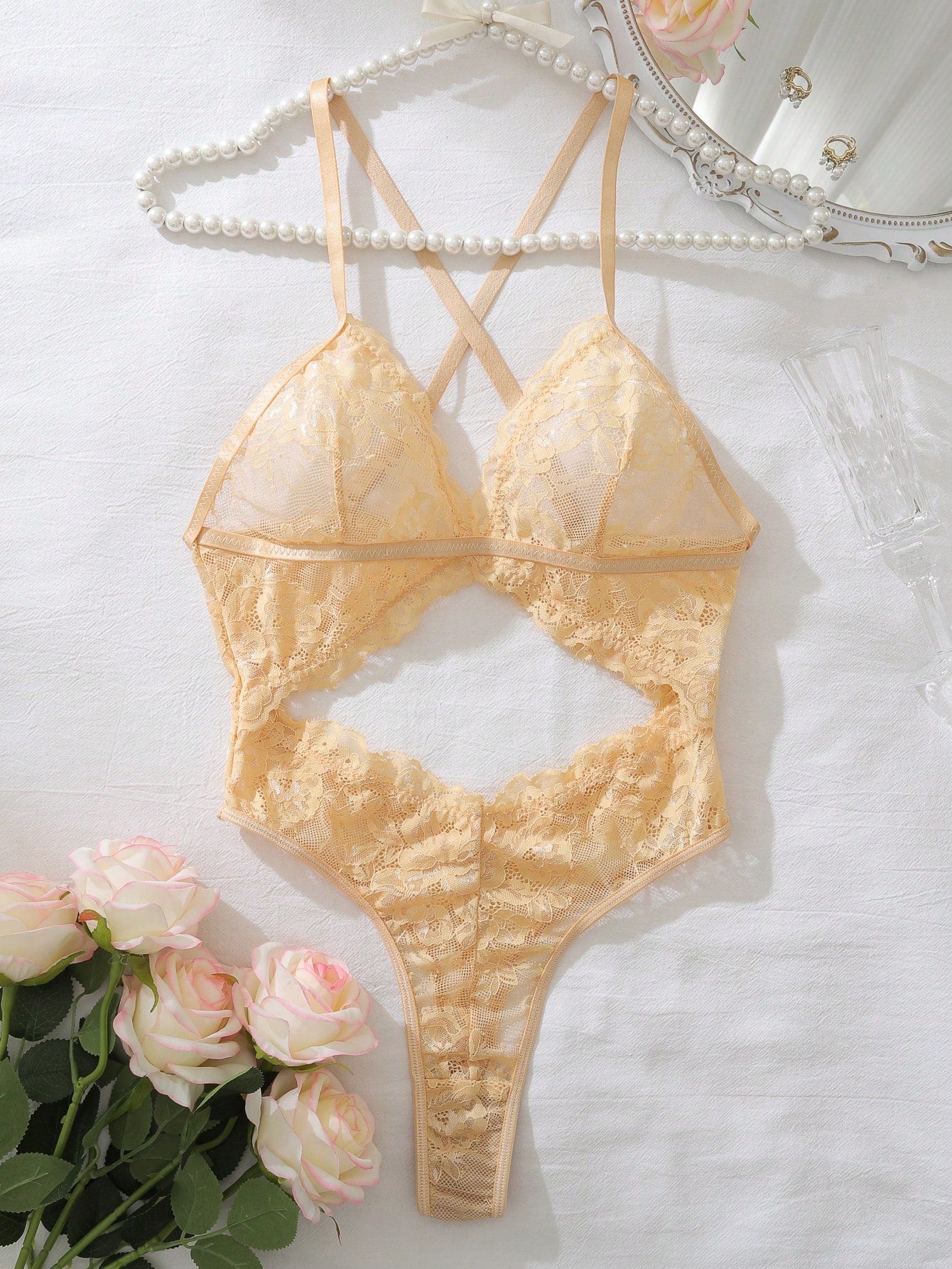 Elegant Lace Eyelash Sexy Temptation Women Bodysuits Apricot 2