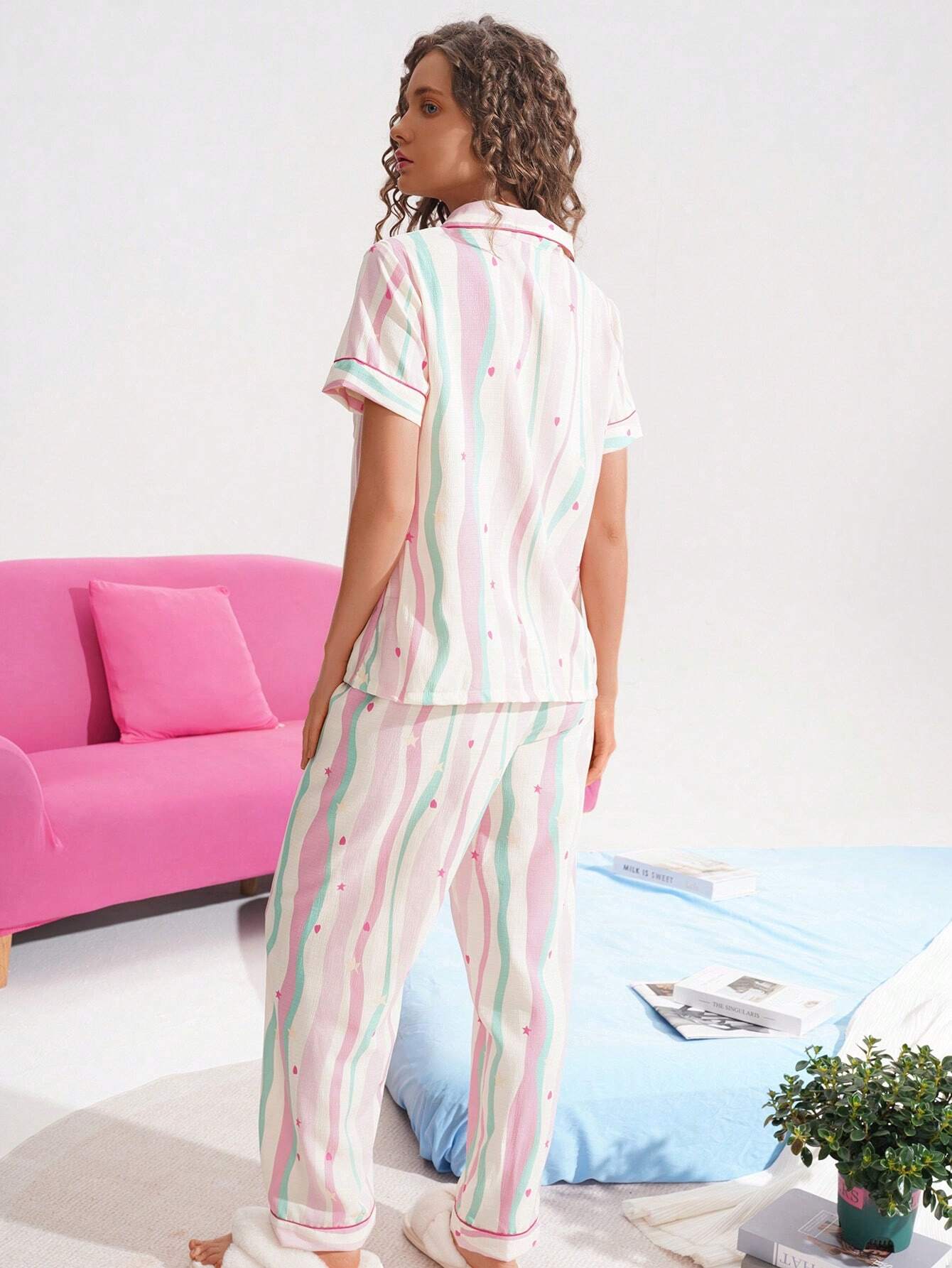 Women's Colorful Striped Bubble Crinkle Casual Pajama Set