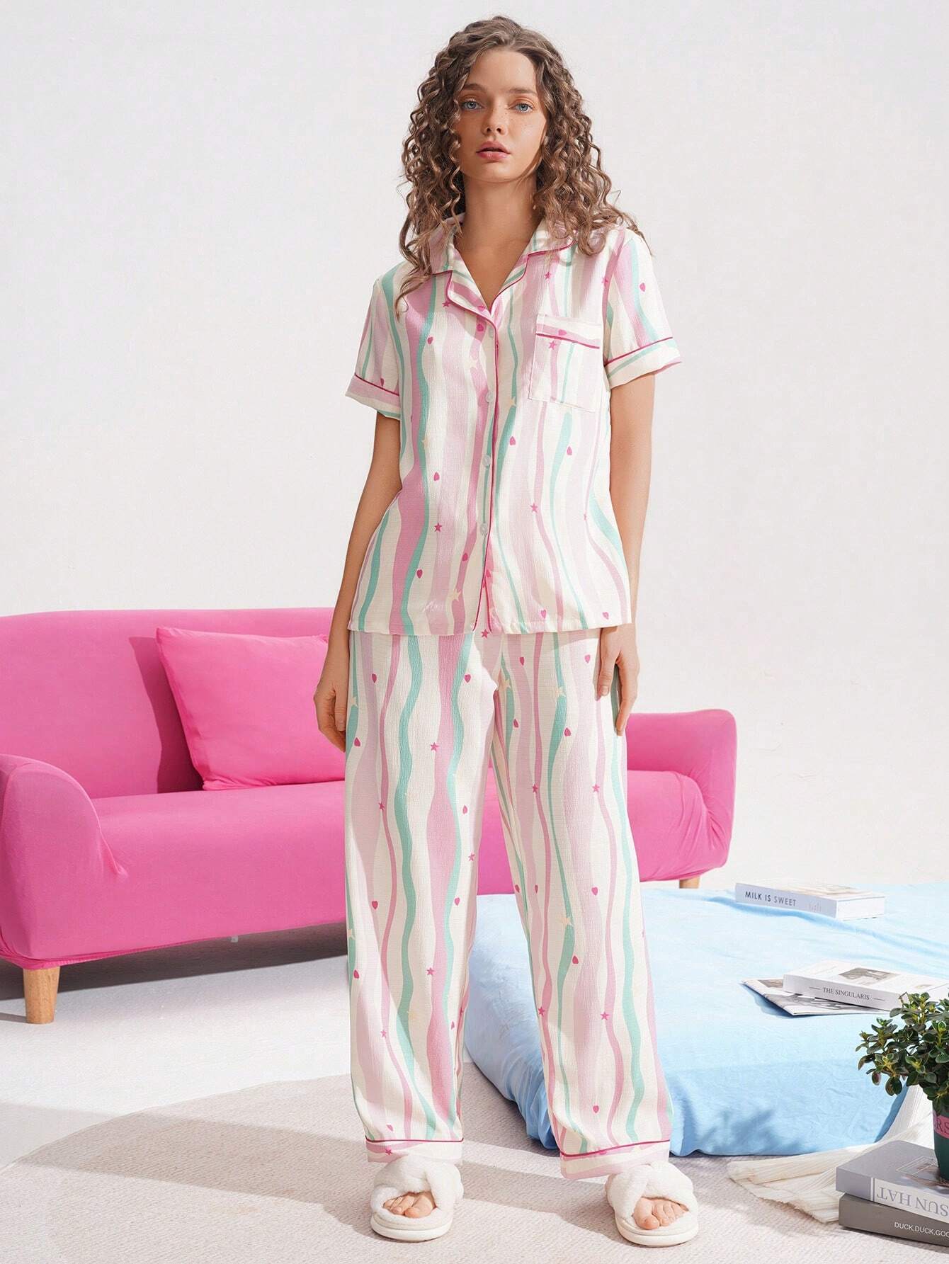 Women's Colorful Striped Bubble Crinkle Casual Pajama Set