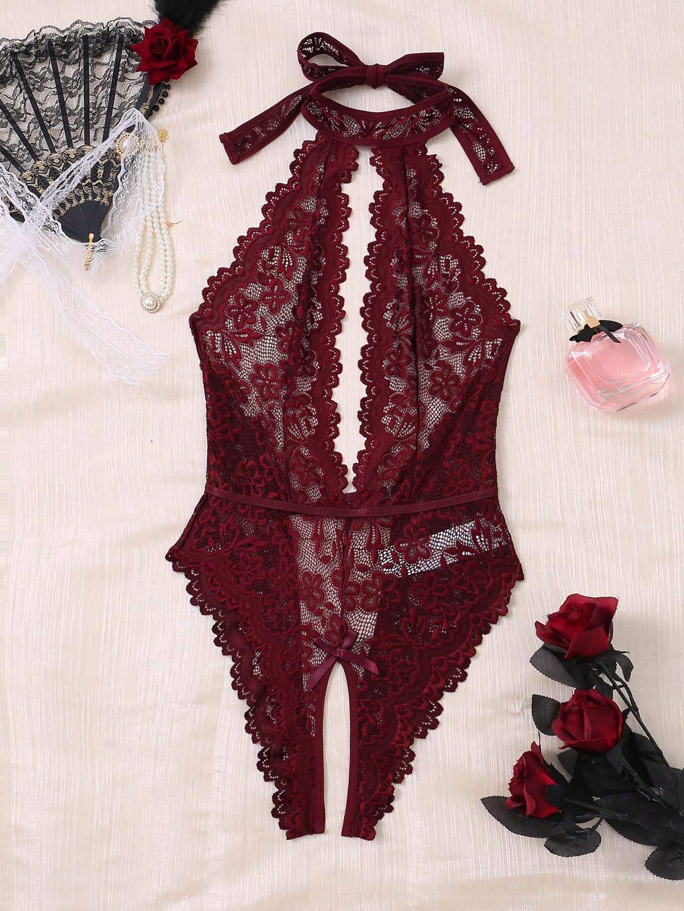 Classic Sexy Bow Detail Lace Halter Teddy Bodysuit Without Panty