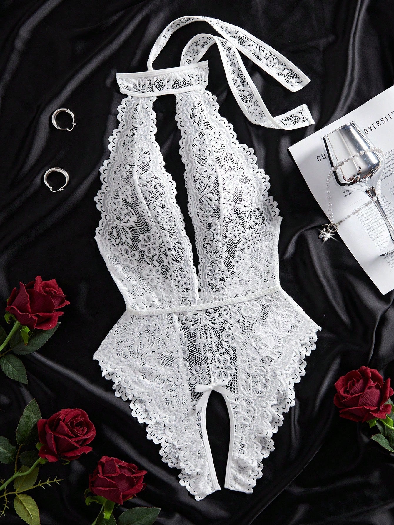 Classic Sexy Bow Detail Lace Halter Teddy Bodysuit Without Panty