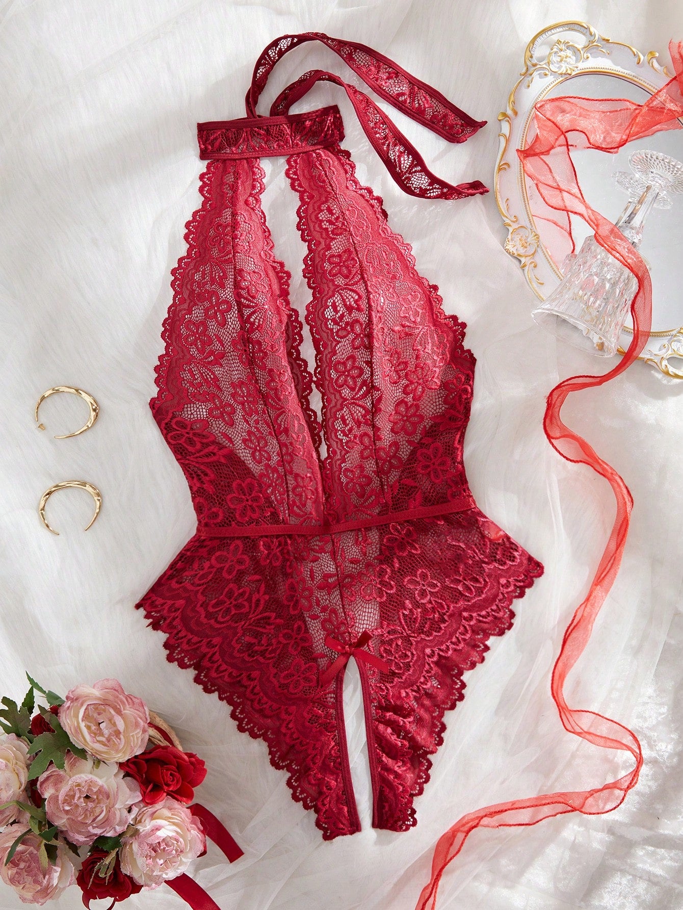 Classic Sexy Bow Detail Lace Halter Teddy Bodysuit Without Panty