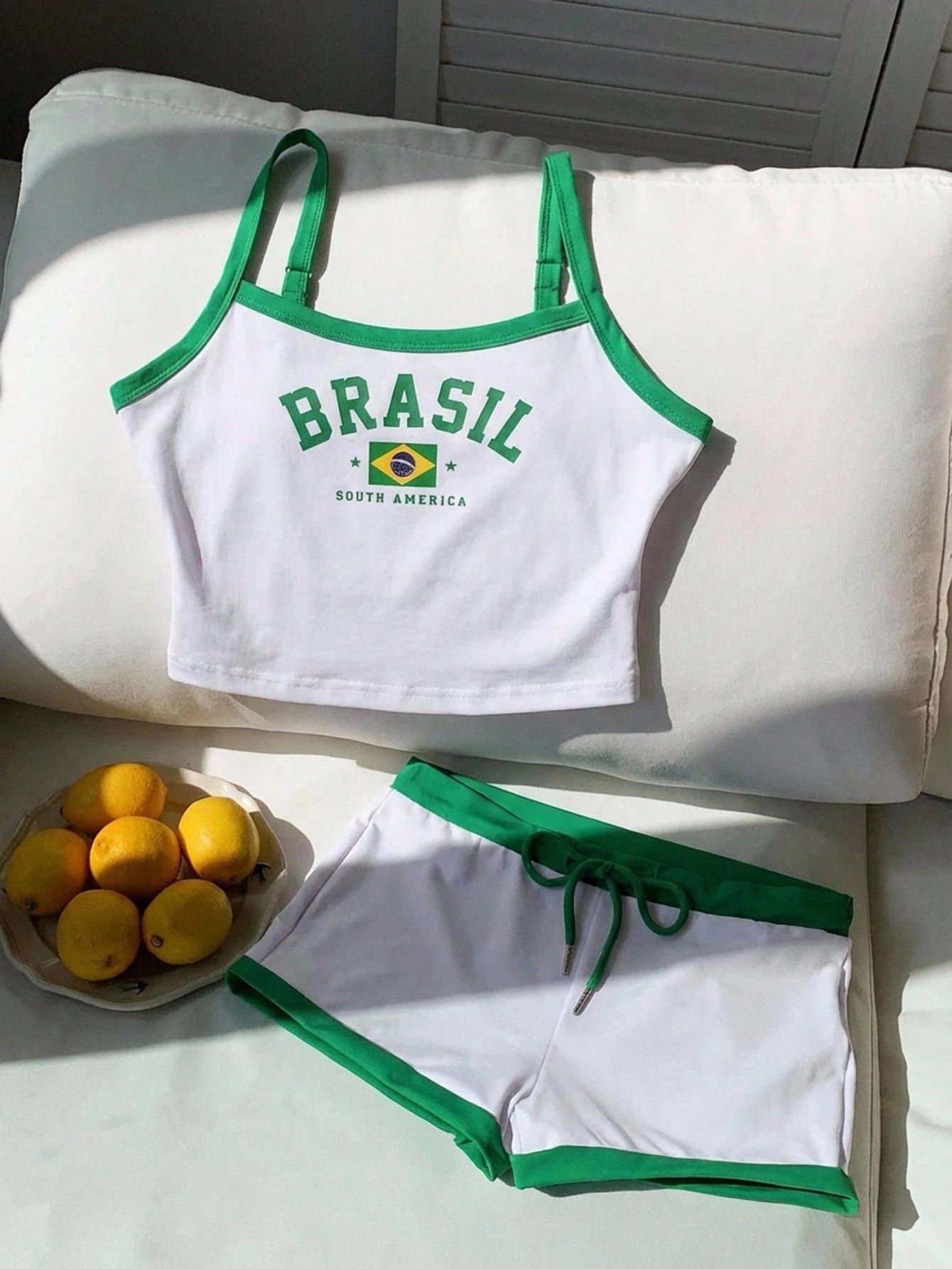 Comfortcana Brazil Flag & Letter Print Cropped Camisole Top And Shorts