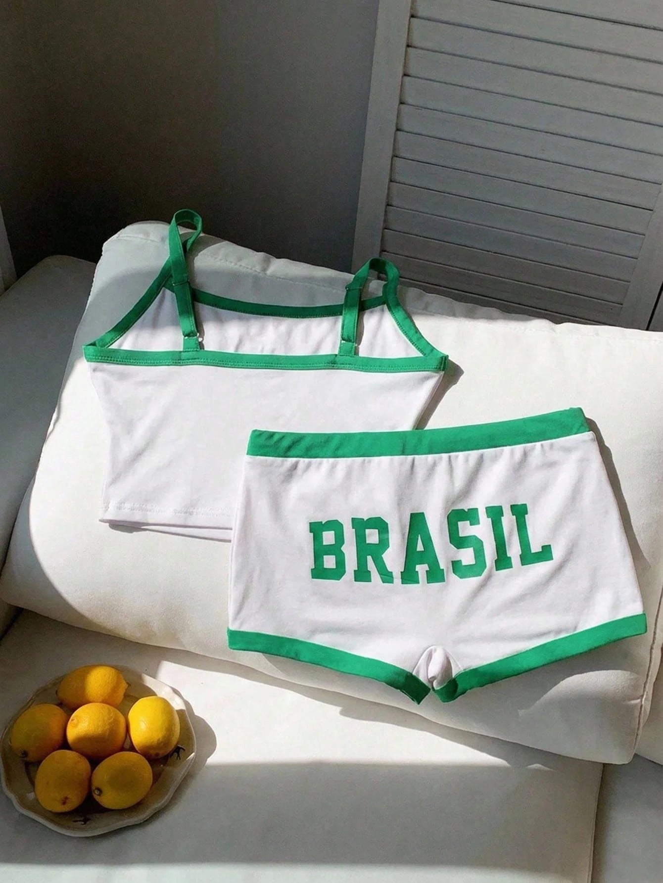 Comfortcana Brazil Flag & Letter Print Cropped Camisole Top And Shorts