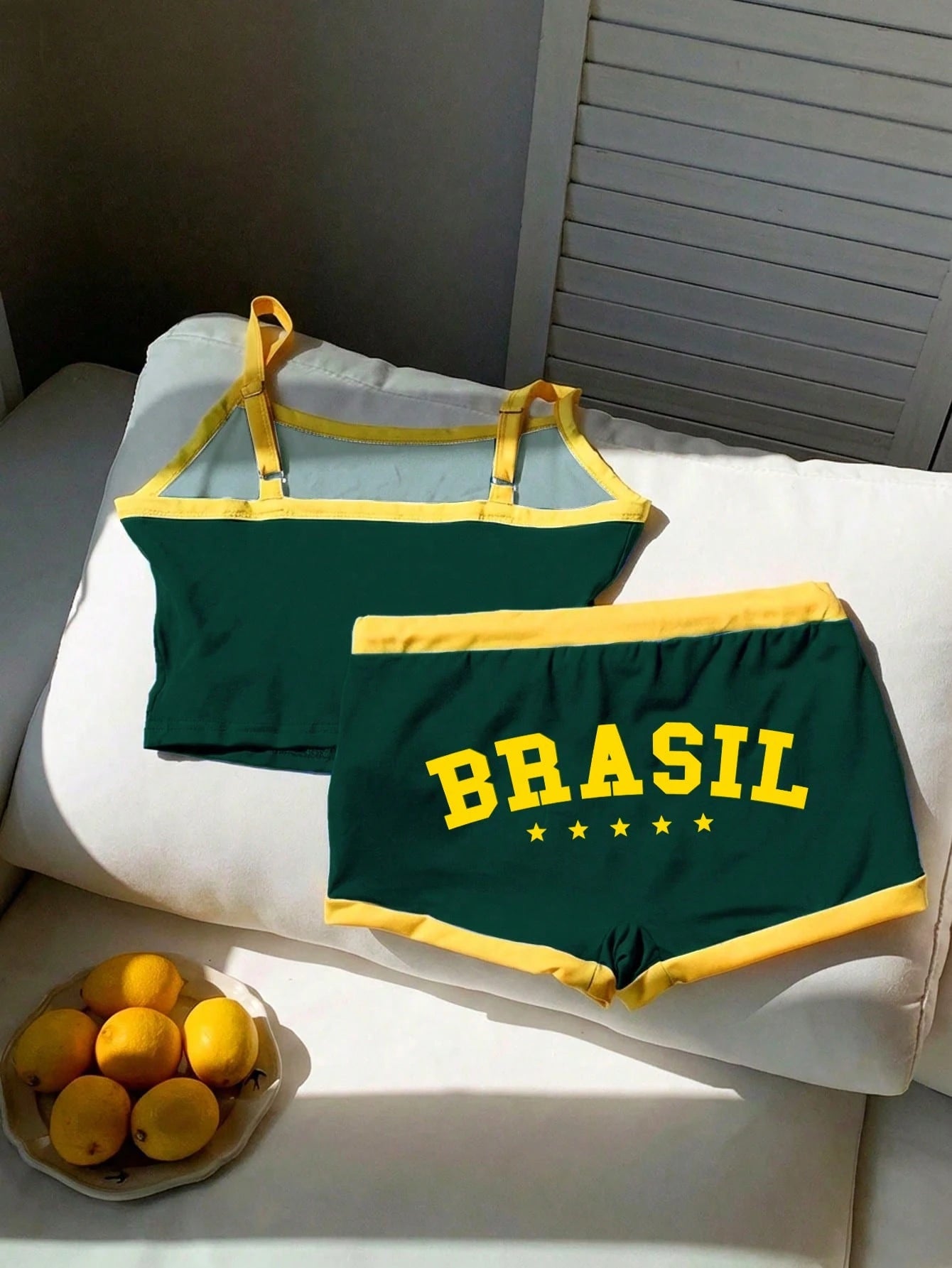 Comfortcana Brazil Flag & Letter Print Cropped Camisole Top And Shorts