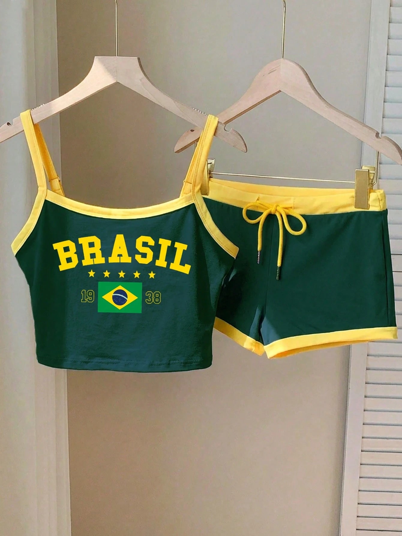 Comfortcana Brazil Flag & Letter Print Cropped Camisole Top And Shorts