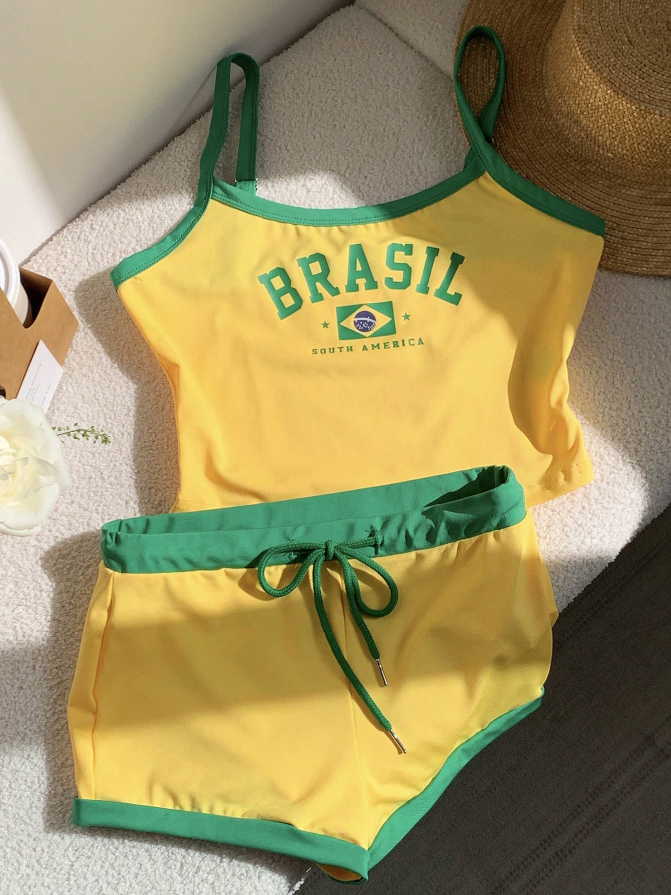 Comfortcana Brazil Flag & Letter Print Cropped Camisole Top And Shorts