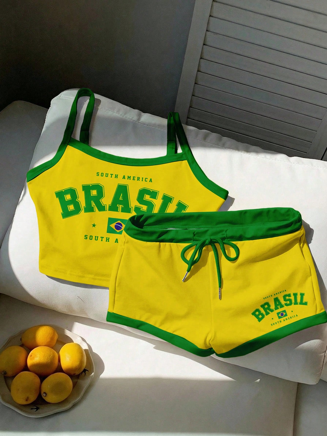 Comfortcana Brazil Flag & Letter Print Cropped Camisole Top And Shorts