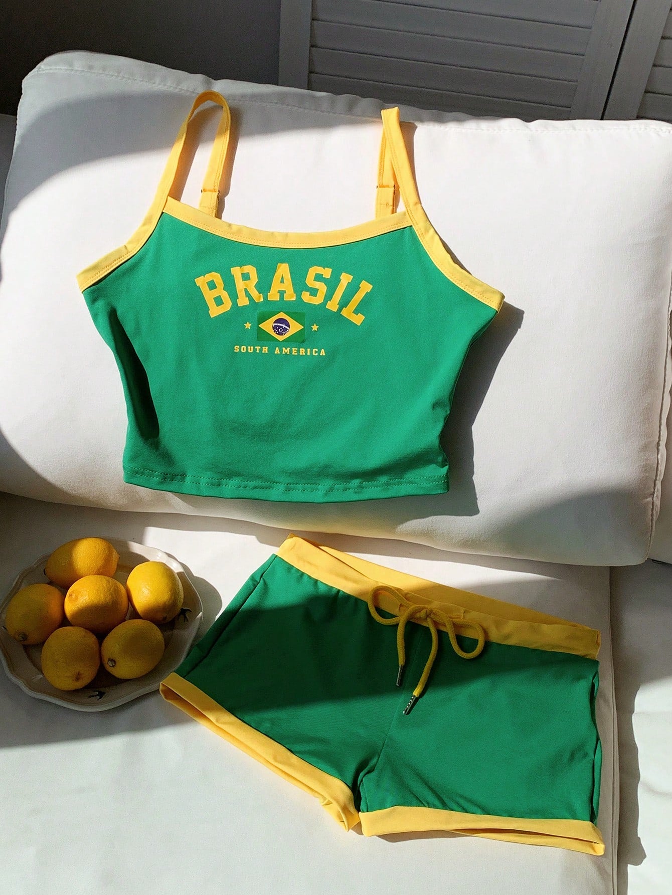 Comfortcana Brazil Flag & Letter Print Cropped Camisole Top And Shorts