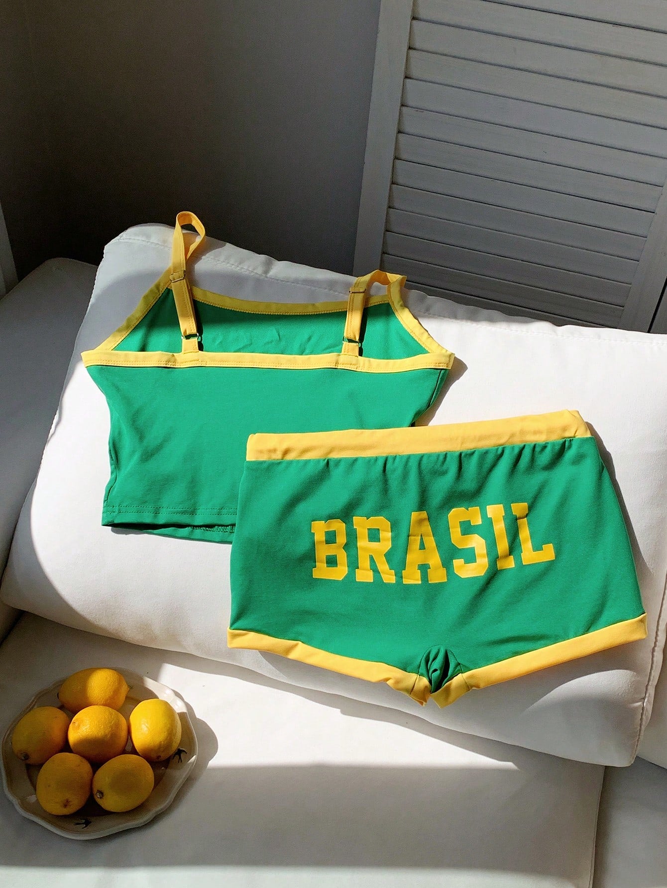 Comfortcana Brazil Flag & Letter Print Cropped Camisole Top And Shorts