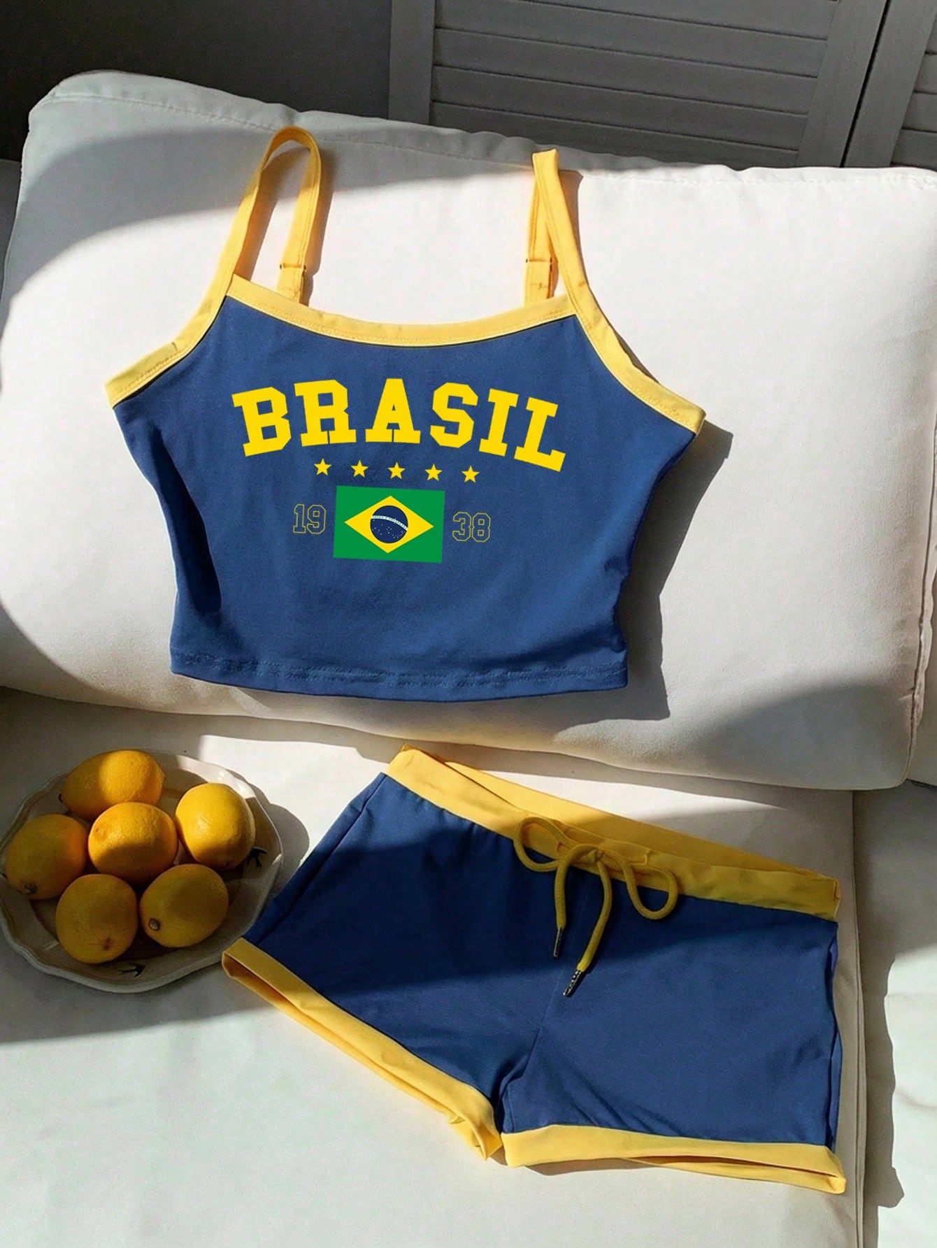 Comfortcana Brazil Flag & Letter Print Cropped Camisole Top And Shorts