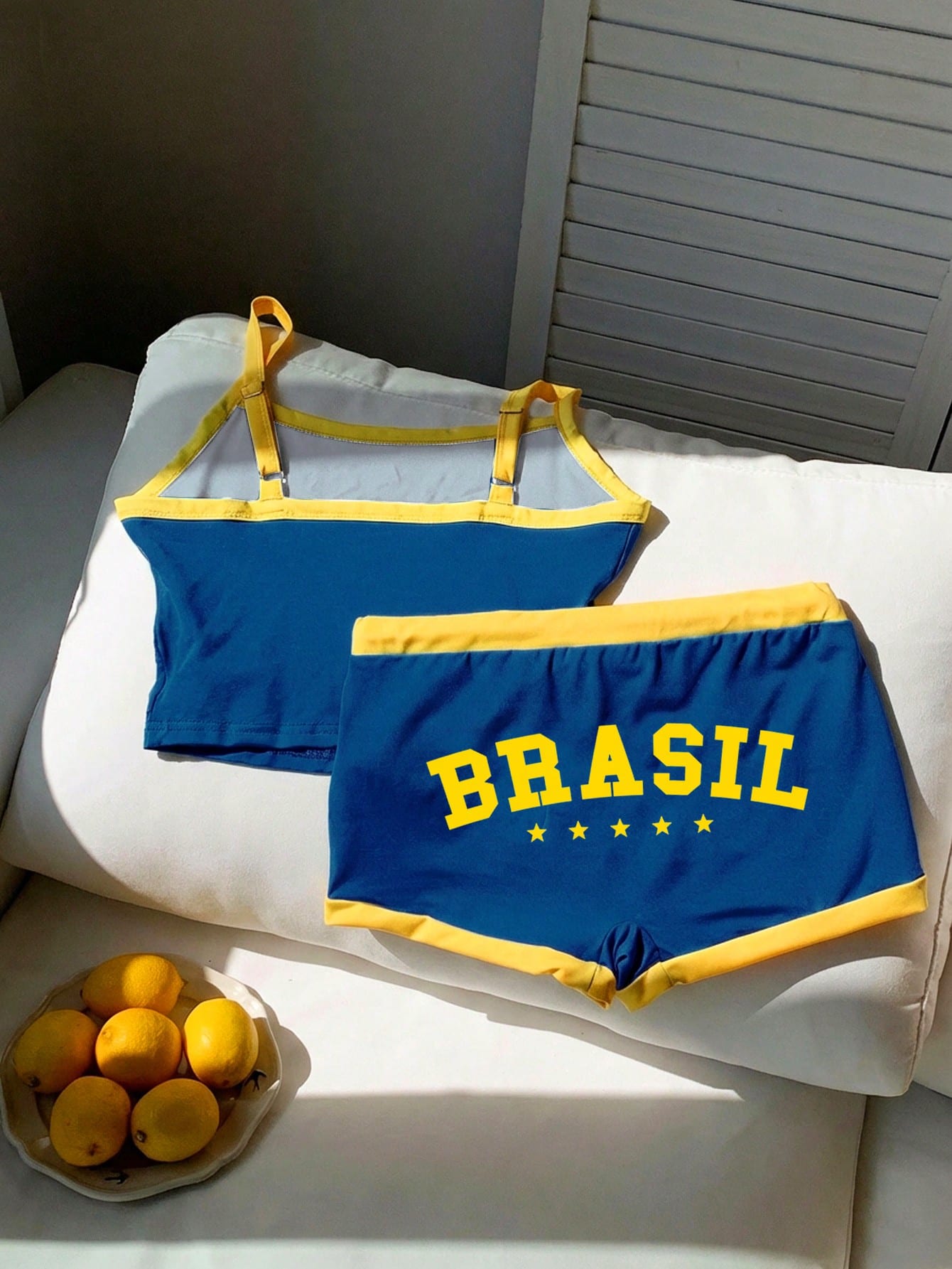 Comfortcana Brazil Flag & Letter Print Cropped Camisole Top And Shorts