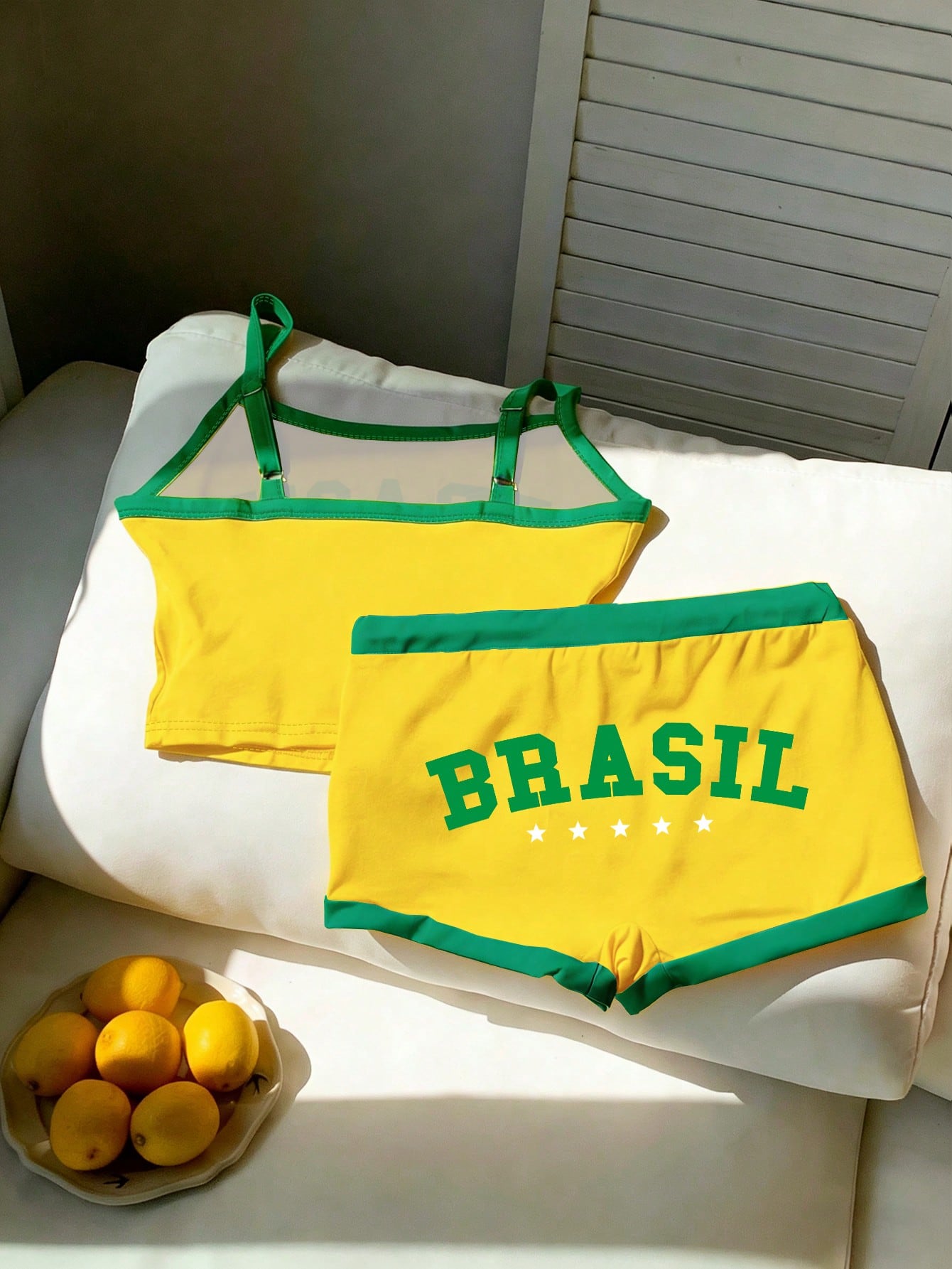 Comfortcana Brazil Flag & Letter Print Cropped Camisole Top And Shorts