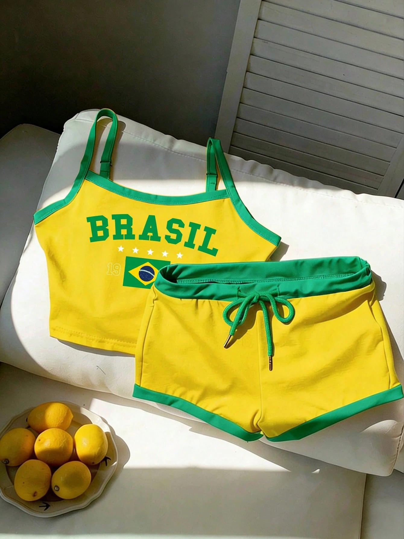 Comfortcana Brazil Flag & Letter Print Cropped Camisole Top And Shorts