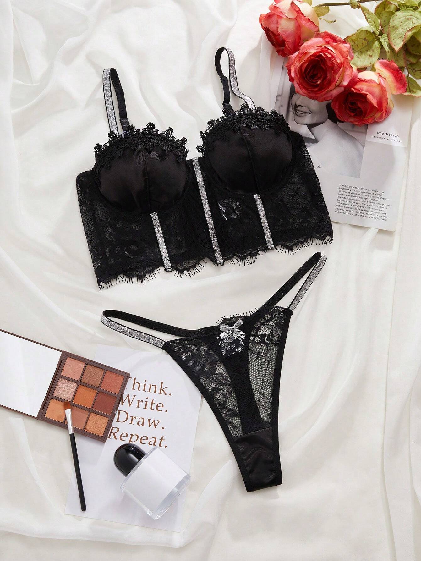 Contrast Lace Glitter Tape Underwire Bra & Panty Sexy Lingerie Set