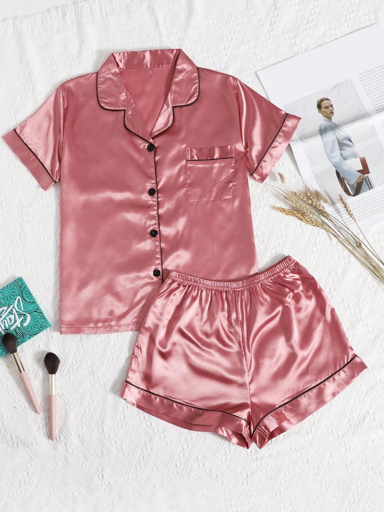 Contrast Piping Satin PJ Set Watermelon Pink