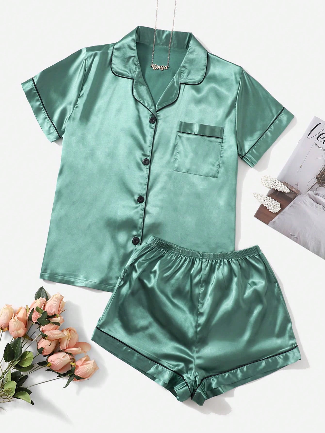 Contrast Piping Satin PJ Set Green