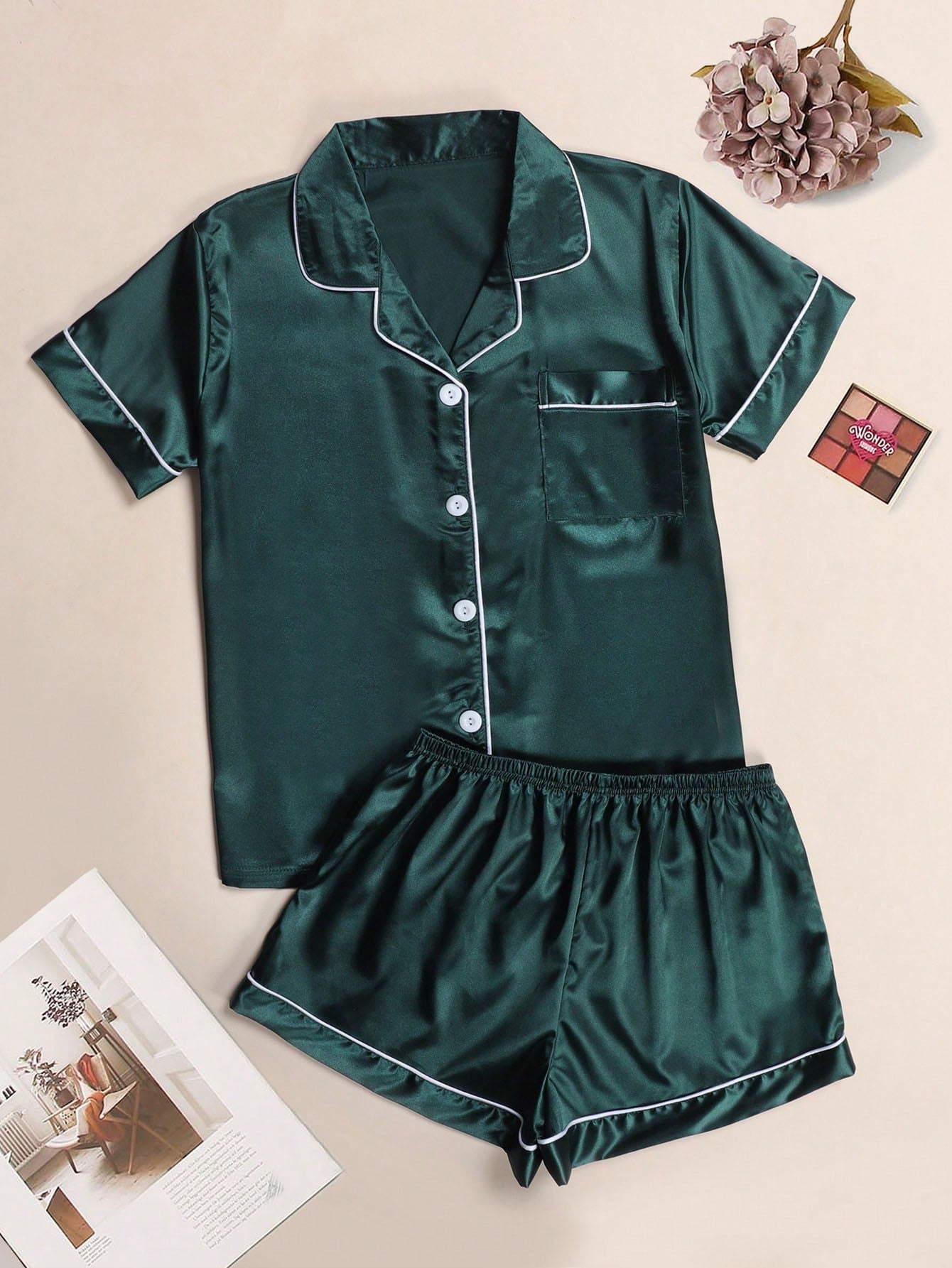 Contrast Piping Satin PJ Set Dark Green