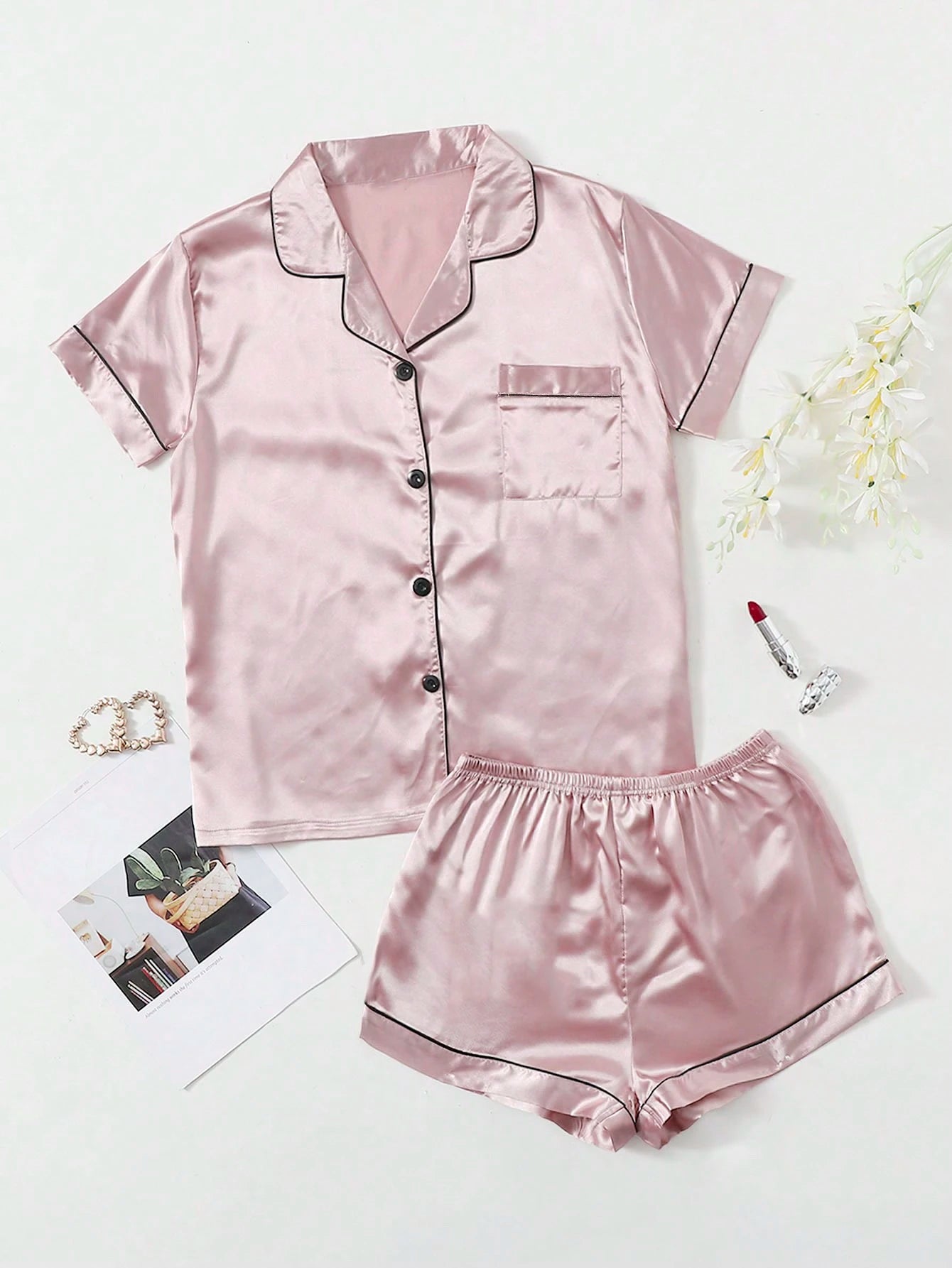 Contrast Piping Satin PJ Set Dusty Pink