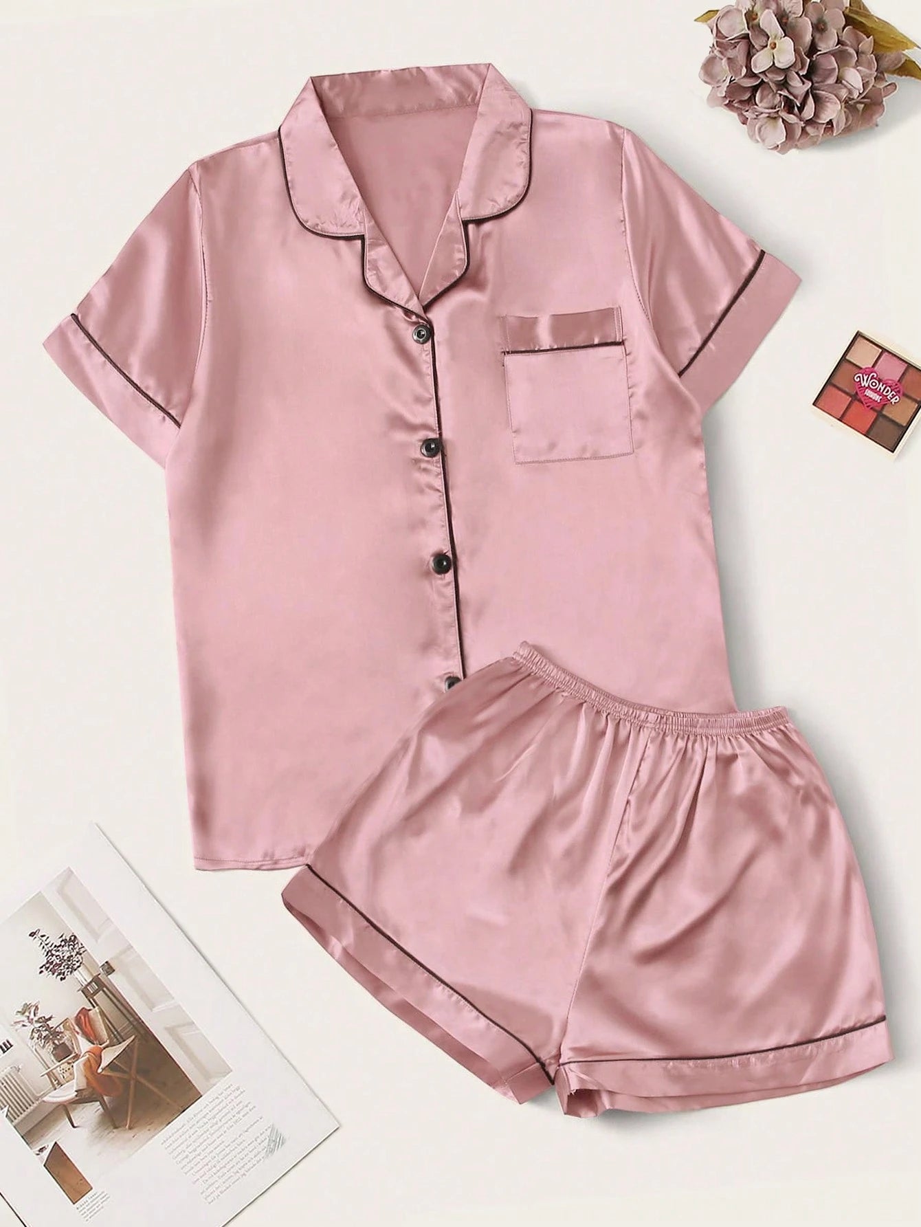 Contrast Piping Satin PJ Set Dusty Pink 2