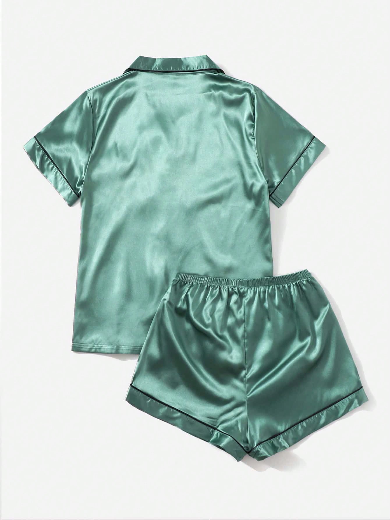 Contrast Piping Satin PJ Set