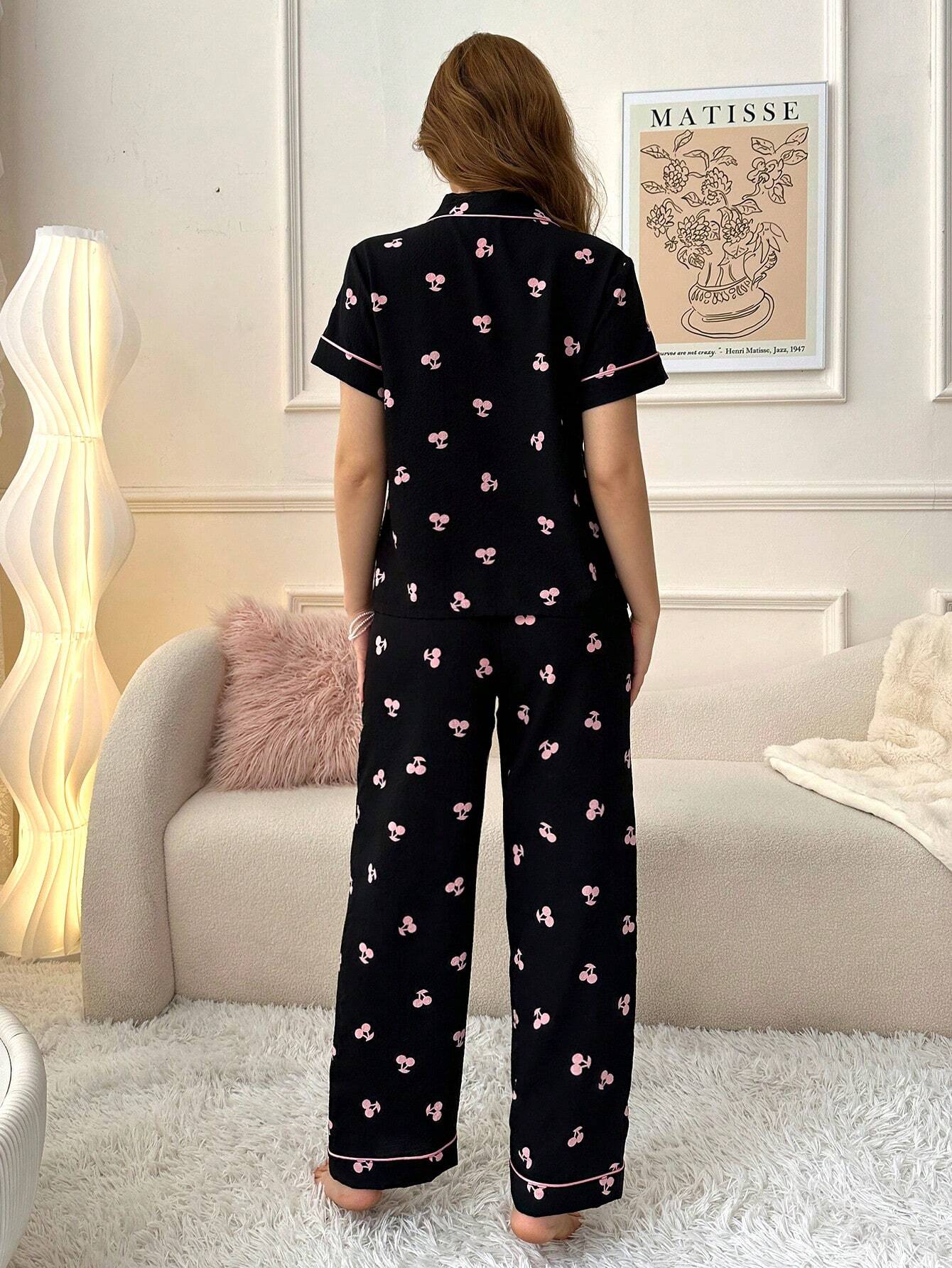 Contrast Trim Cherry Printed Short Sleeve Top & Long Pants