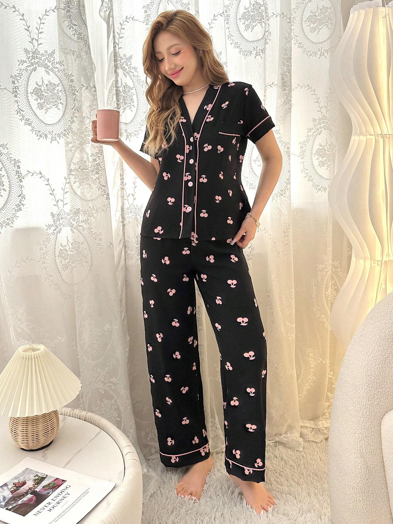 Contrast Trim Cherry Printed Short Sleeve Top & Long Pants