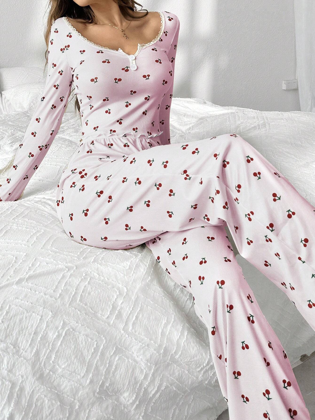 Allover Cherry Print Button Detail Top And Pants Pajama Set