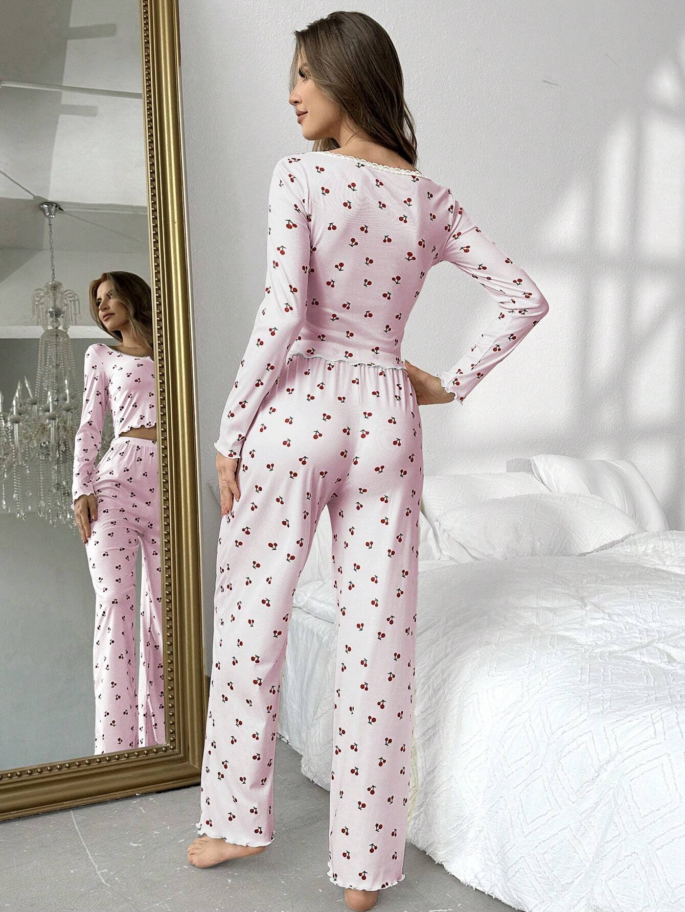 Allover Cherry Print Button Detail Top And Pants Pajama Set
