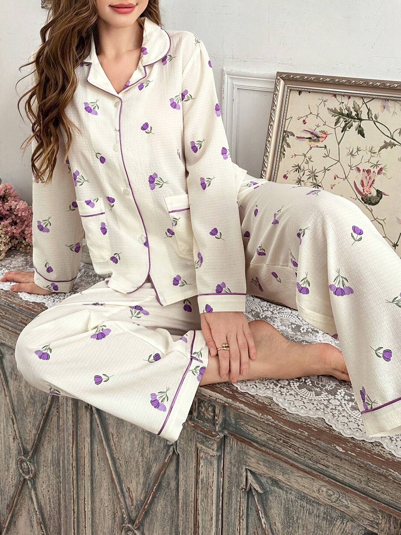 Floral Print Lapel Top With Pockets & Long Pants Pajama Set