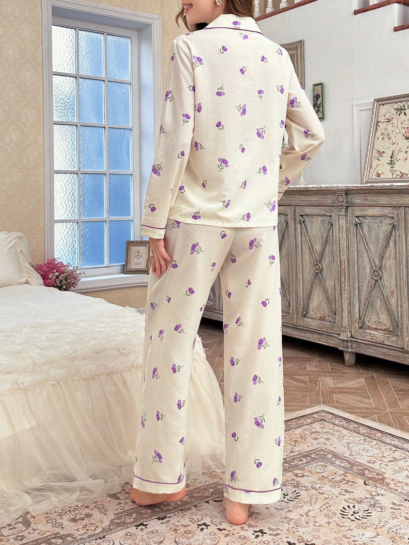 Floral Print Lapel Top With Pockets & Long Pants Pajama Set