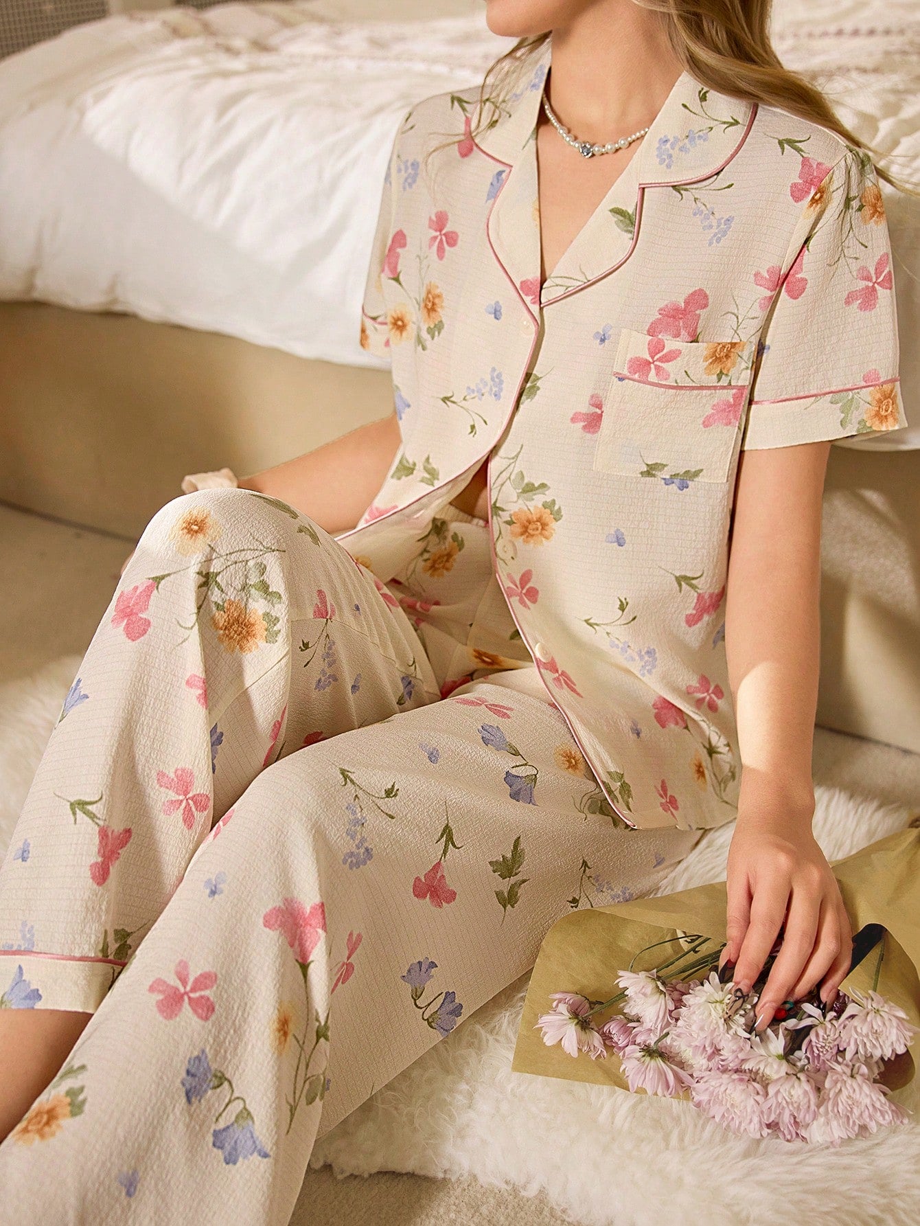 Floral Print Lapel Short Sleeve Pants Pajama Set