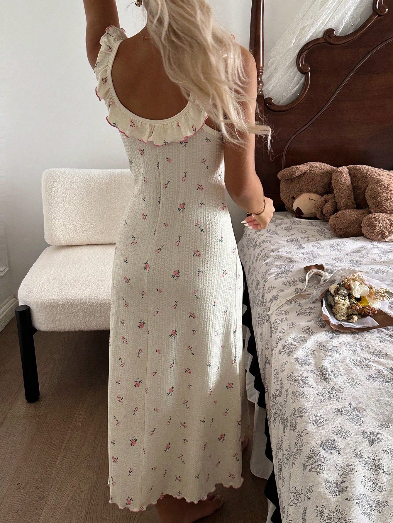 Jacquard Knit Ditsy Floral Ruffle Trim Nightgown