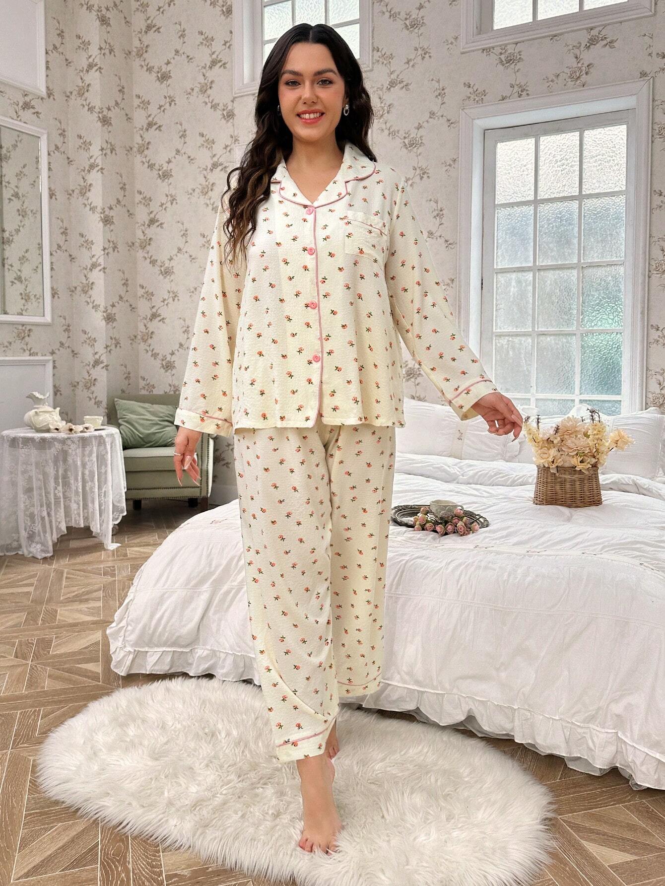 CottageSlumber Plus Ditsy Floral Contrast Piping Top & Pants PJ Set