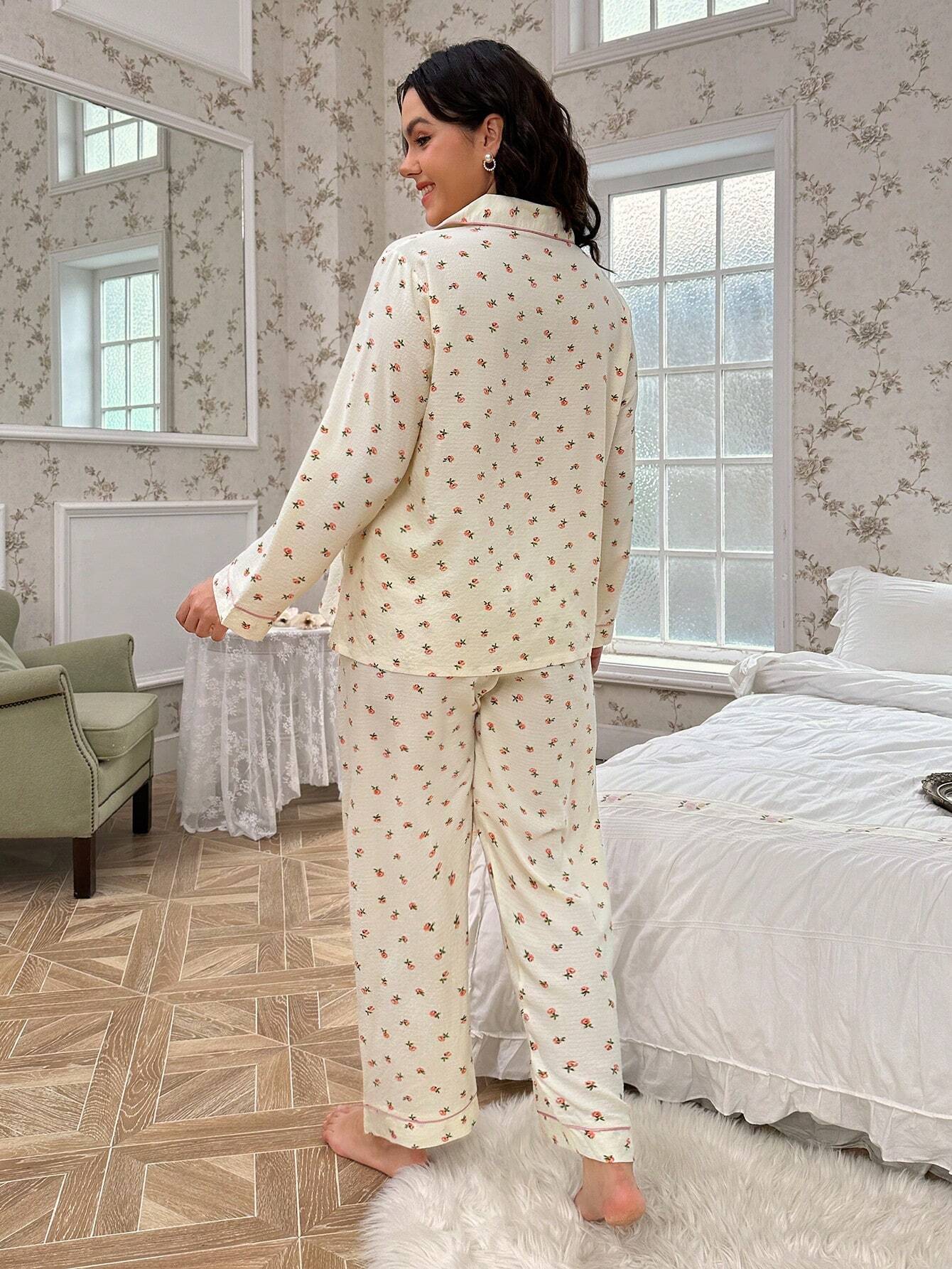 CottageSlumber Plus Ditsy Floral Contrast Piping Top & Pants PJ Set