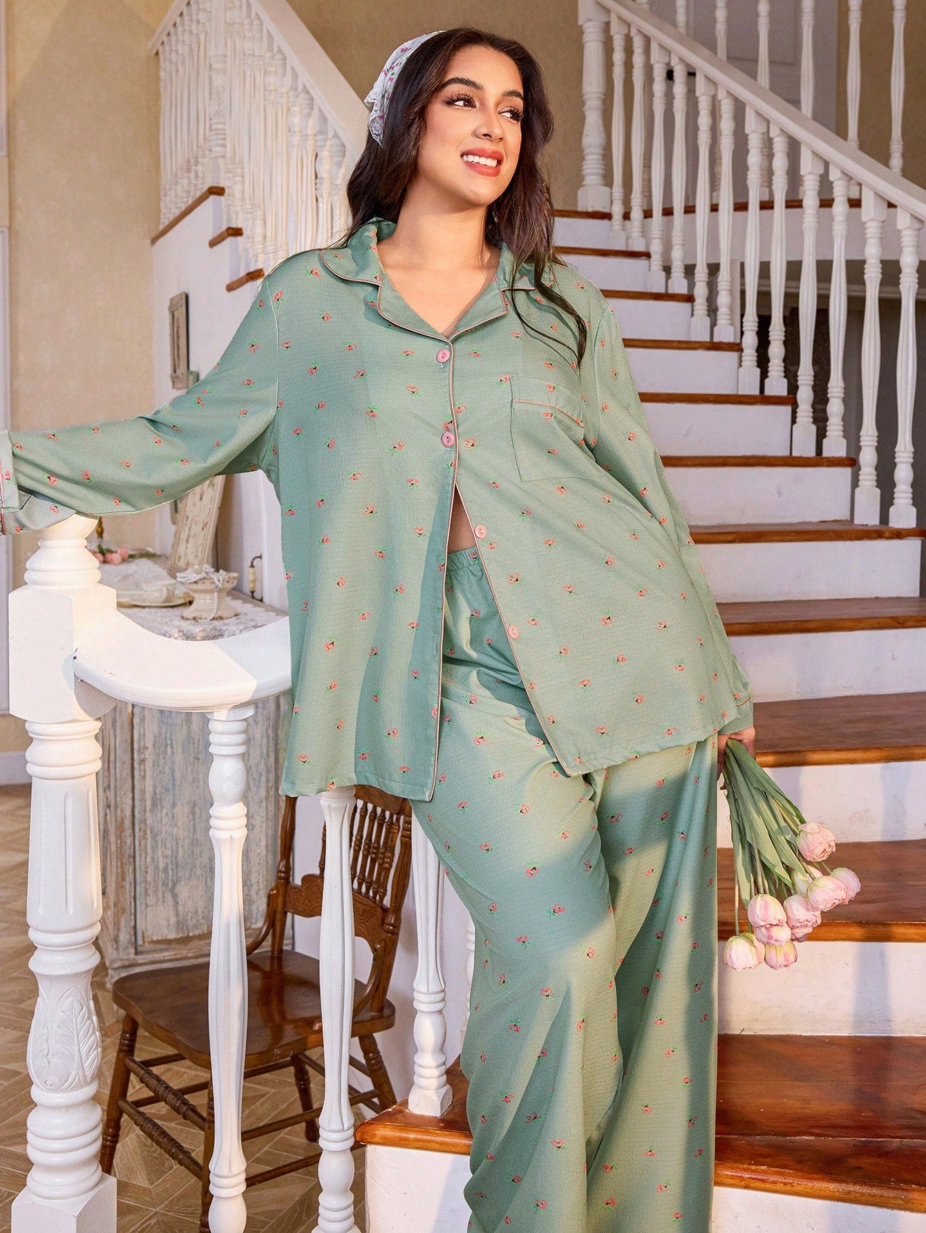 CottageSlumber Plus Ditsy Floral Contrast Piping Top & Pants PJ Set